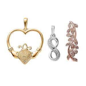 Set of 3 (Leaf, Claddagh, Infinity) Pendants in 18K Plated and Platinum Bond